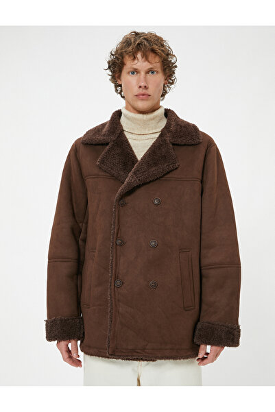 Koton Slim Fit Coat Suede Look Plush Inside Buttoned
