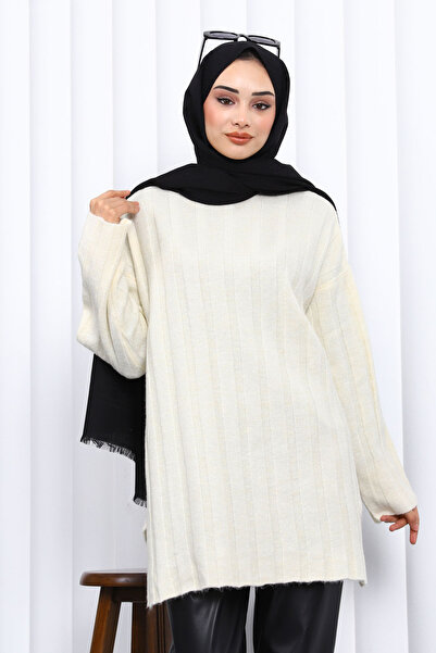 İmajButik Krem Yan Slit Corded Fabric Knitwear Sweater