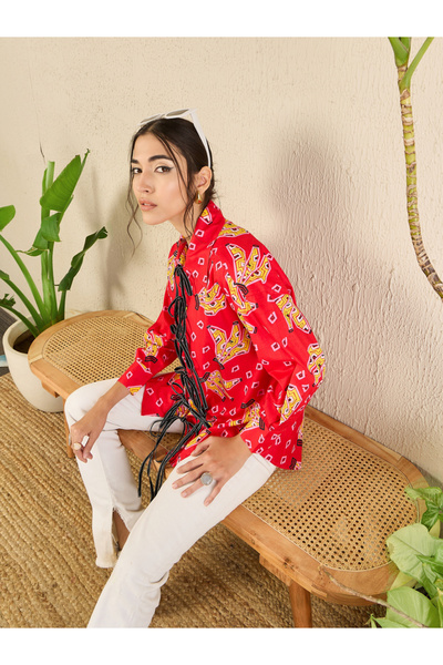 Uptownie By Styli Red All Over Print Front Tie-Up Longline Shirt