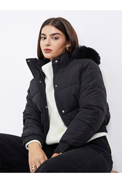 Styli Black Regular Fit Short Length Hooded Padded Jacket with Faux Fur Detail