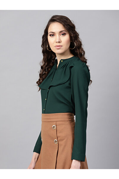 Sassafras By Styli Women Green Solid Ruffle Trim Slim Fit Shirt