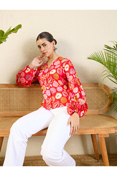 Uptownie By Styli Red Fruit Print Cotton Shirt with Balloon Sleeves
