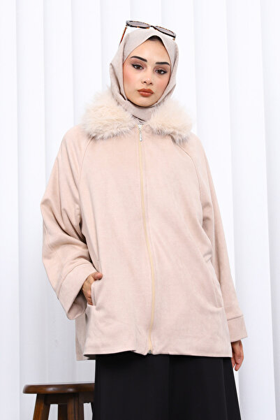 İmajButik Beige Collar Fur Detailed Suede Jacket