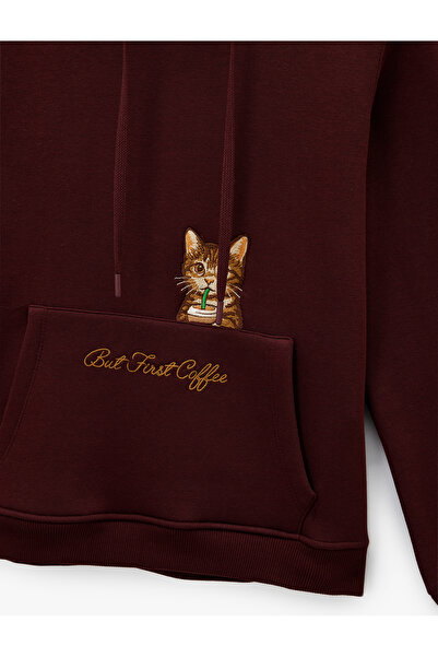 Koton Φούτερ με επένδυση fleece τσέπες καγκουρό και κέντημα γάτας με κουκούλα