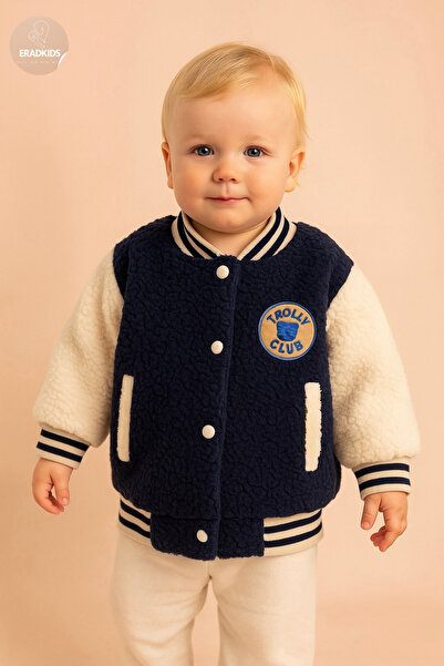 eradkids سترة بيبي بوي من القطيفة باللون الأزرق الداكن – مطرزة من ترولي كلوب، قماش صوف ناعم