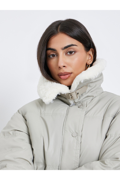 Styli Grey Crop Padded Jacket with Fur Trim