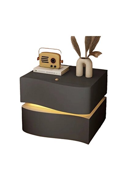 eR D L Noptieră cu 2 sertare din lemn pentru dormitor, - piele, lumină ambientală, 40x40x50 cm, gri închis