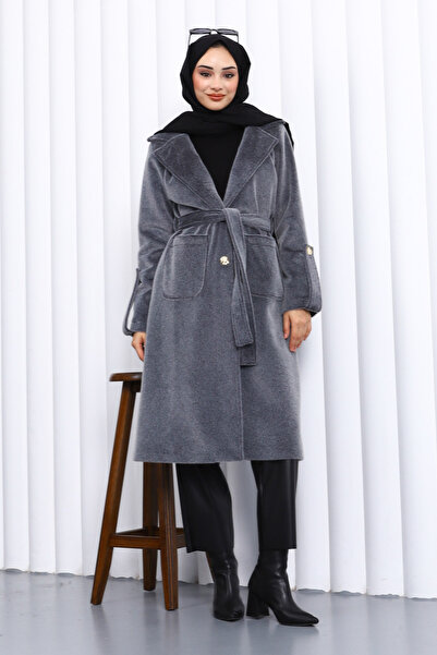 İmajButik Smoked Double-Breasted Angora Coat with Collar and Epaulettes