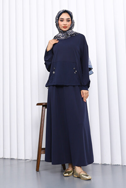 İmajButik Navy Blue Pocketed Blouse Skirt Set
