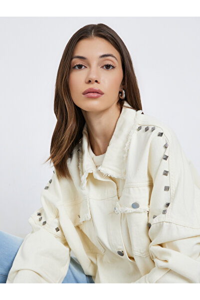 Styli Cream Studded Oversized Denim Shirt with Frayed Edge