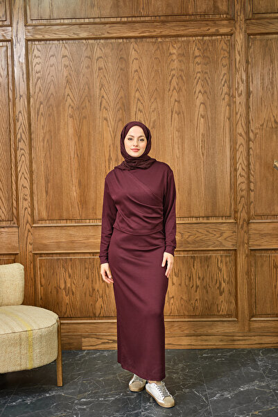 LOCCO Women's Front Piece Detailed Dress Burgundy