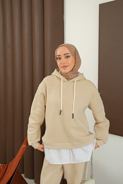 LOCCO Women's Shoulder Beading Detail Two-Piece Set Cream