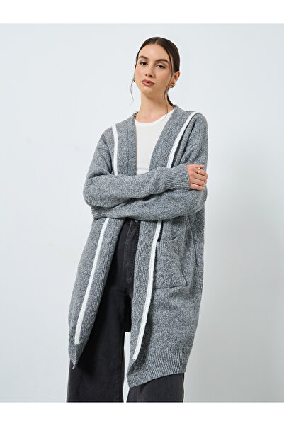 Styli Grey Hooded Front Open Midi Cardigan
