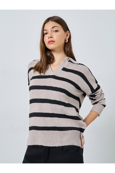 Styli Beige Striped Knit Polo T-Shirt