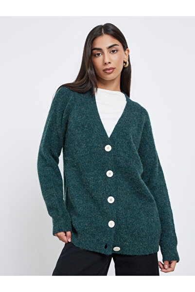 Styli Dark Green Oversized Longline V Neck Cardigan