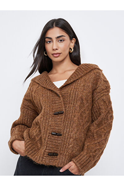 Styli Brown Cable Knit Oversized Hooded Cardigan