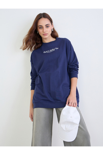 Styli Navy Blue Embroidered Oversized Sweatshirt