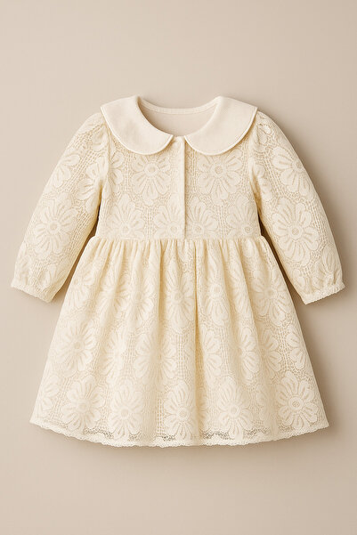 Uğur bebe 3 Years Old Ecru Color 70% Cotton Lined Guipure Girl's Dress – Lace, Stylish and Special Occasion Model