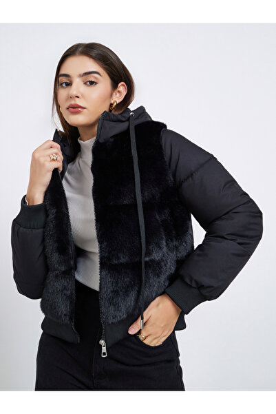 Styli Women Black Regular Fit Regular Length Faux Fur Padded Jacket