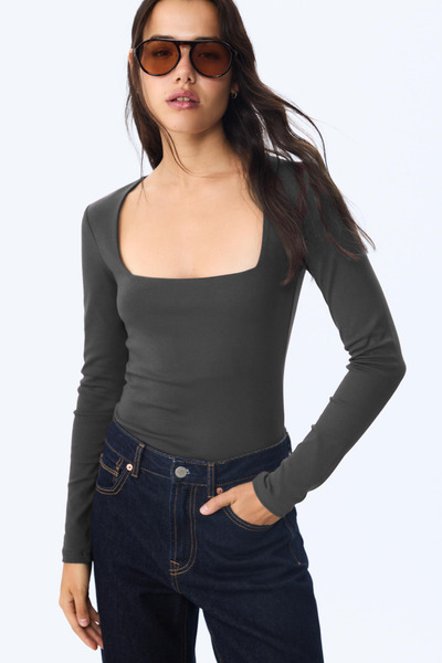 VODENS Women's Anthracite Square Neck 95% Cotton Long Sleeve Blouse