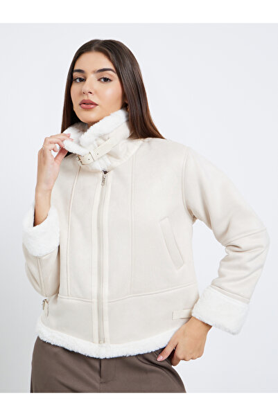 Styli Beige Regular Fit Faux Shearling Aviator Jacket