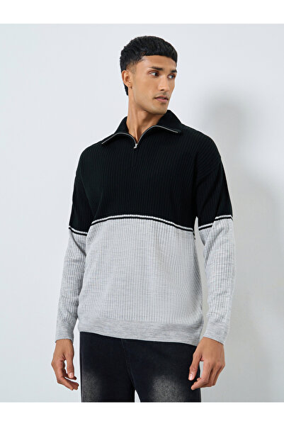 Styli Men Black Ribbed Half-Zip Sweater