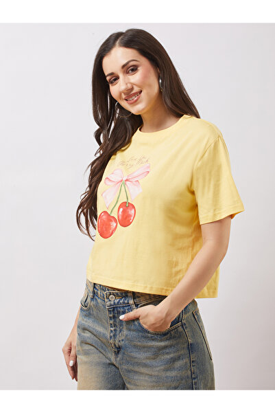Globus By Styli Yellow Graphic Print Oversized Crop T-Shirt