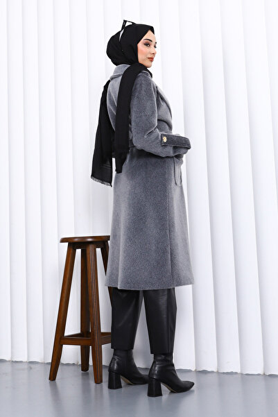 İmajButik Smoked Double-Breasted Angora Coat with Collar and Epaulettes