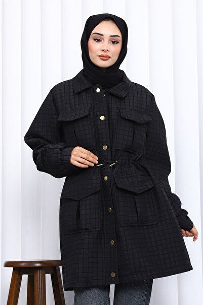 İmajButik Black Waist Gathered Quilted Coat