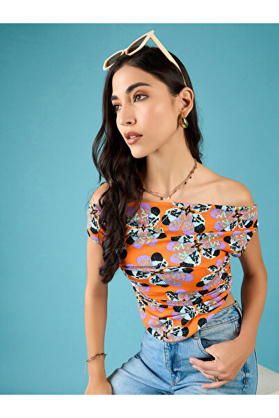 Uptownie By Styli Orange Print Stretchable Fitted Crop Top