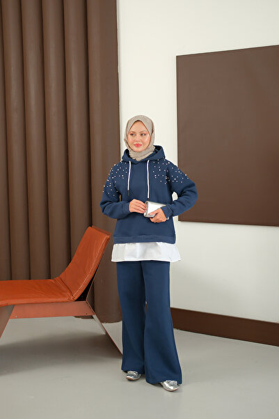 LOCCO Women's Shoulder Beading Detail Two-Piece Set Navy Blue