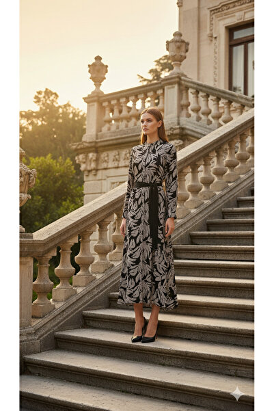 Nihan Dress with a Drawing Cord Detail at the Neck and a Belt at the Waist