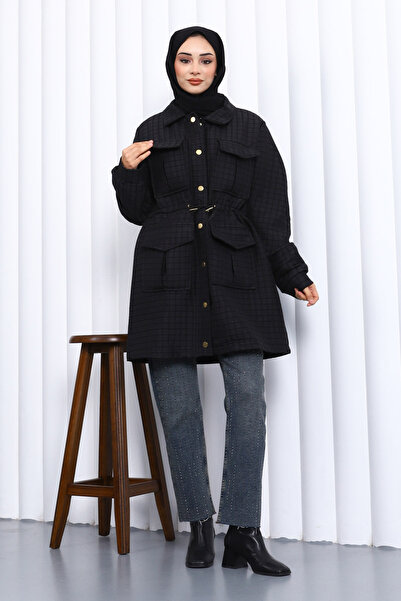 İmajButik Black Waist Gathered Quilted Coat