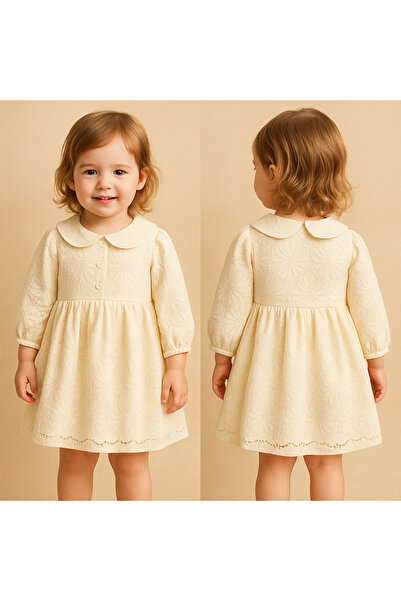 Uğur bebe 3 Years Old Ecru Color 70% Cotton Lined Guipure Girl's Dress – Lace, Stylish and Special Occasion Model