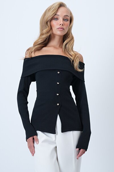 VAGGON Women's Black Madonna Collar Front Slit Knitted Blouse Prmx14527