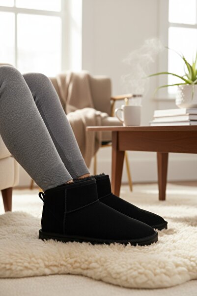 VeliKundura Tofima Black Poly Sole Short Boots with Feathers Inside