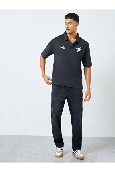 Styli Black Graphic Print Oversized Polo Shirt