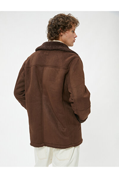 Koton Slim Fit Coat Suede Look Plush Inside Buttoned
