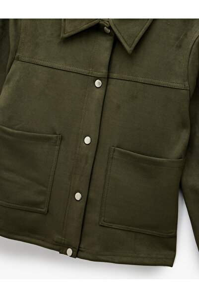 Koton Classic Collar Long Sleeve Faux Suede Shirt with Snap Button Pocket Detail