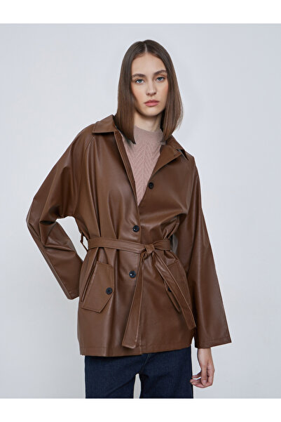 Styli Brown Longline PU Jacket with Tie Belt