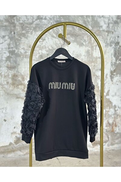 Hatun Atila Design Organza Fabric Sleeve Detailed Crystal Stone Crafted Suit - Black 7902