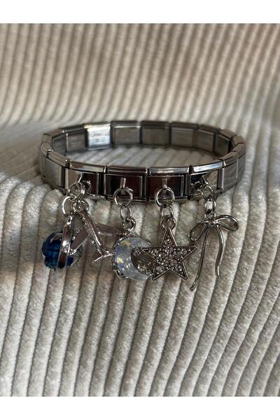 bijoux uniques سوار إيطالي من الفولاذ بتصميم العالم والطائرة والقمر والنجمة و...