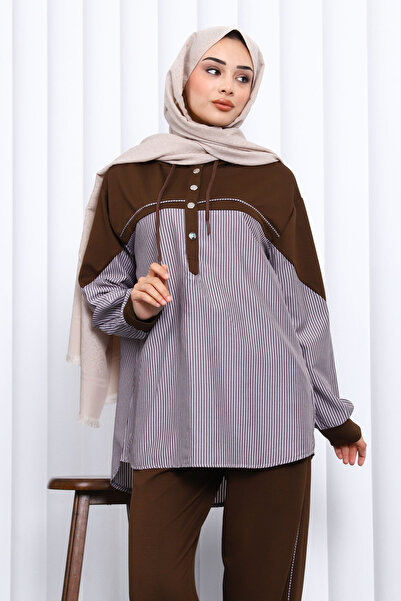 İmajButik Brown Shirt Paneled Pants Suit