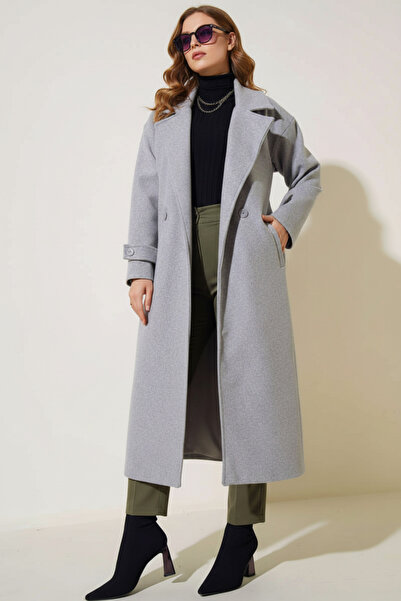 Kirazgym Women's Adel Double-Breasted Collar Long Cashmere Coat