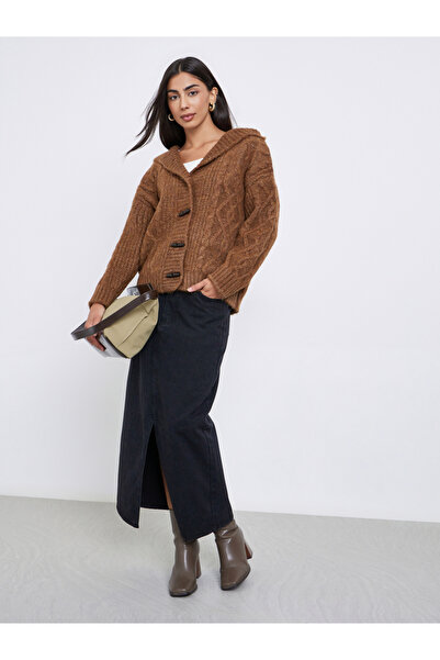 Styli Brown Cable Knit Oversized Hooded Cardigan