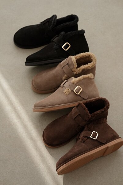 selin shoes Velmora Hakiki Deri İçi Kürklü Ayarlanabilir Toka Detaylı Kadın Bot- SİYAH SÜET