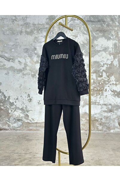 Hatun Atila Design Organza Fabric Sleeve Detailed Crystal Stone Crafted Suit - Black 7902