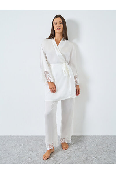 Styli Lace Detail Longline Tie Robe and Pyjama Set