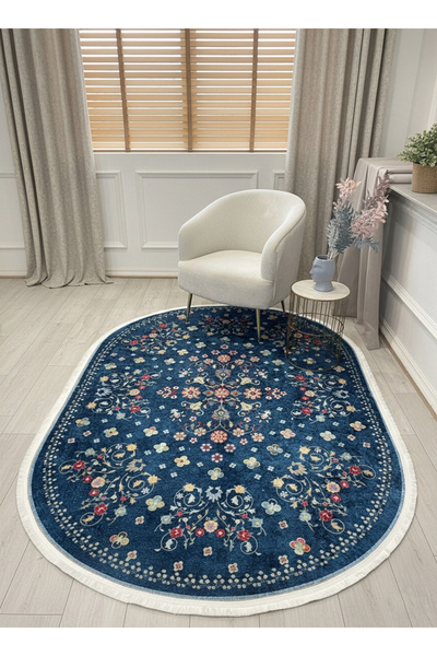 Brillant LACİVERT Blue Floral Vintage Lateks Taban Halı