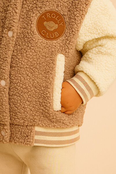 eradkids Baby Boy Plush College Jacket Beige – Trolly Club Embroidered, Soft Fleece Fabric